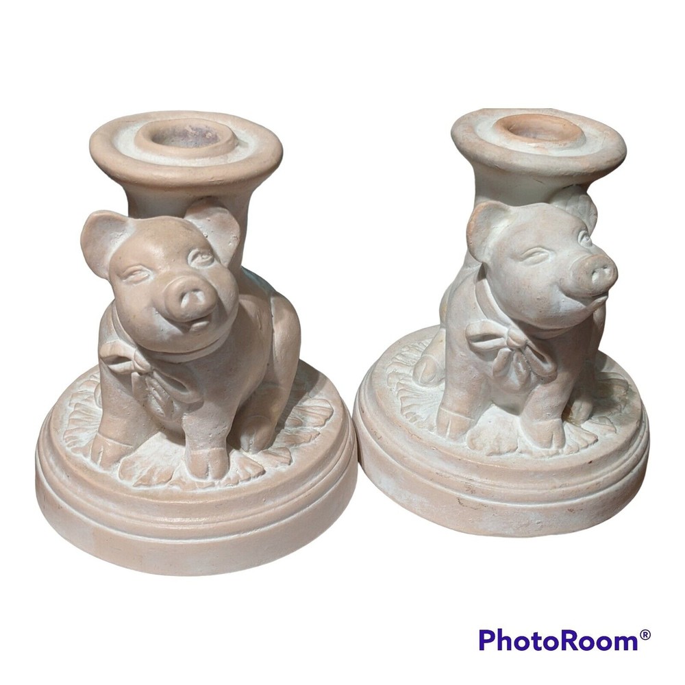Vintage Pig Pink Distressed Candlestick Holders Plaster Unbranded